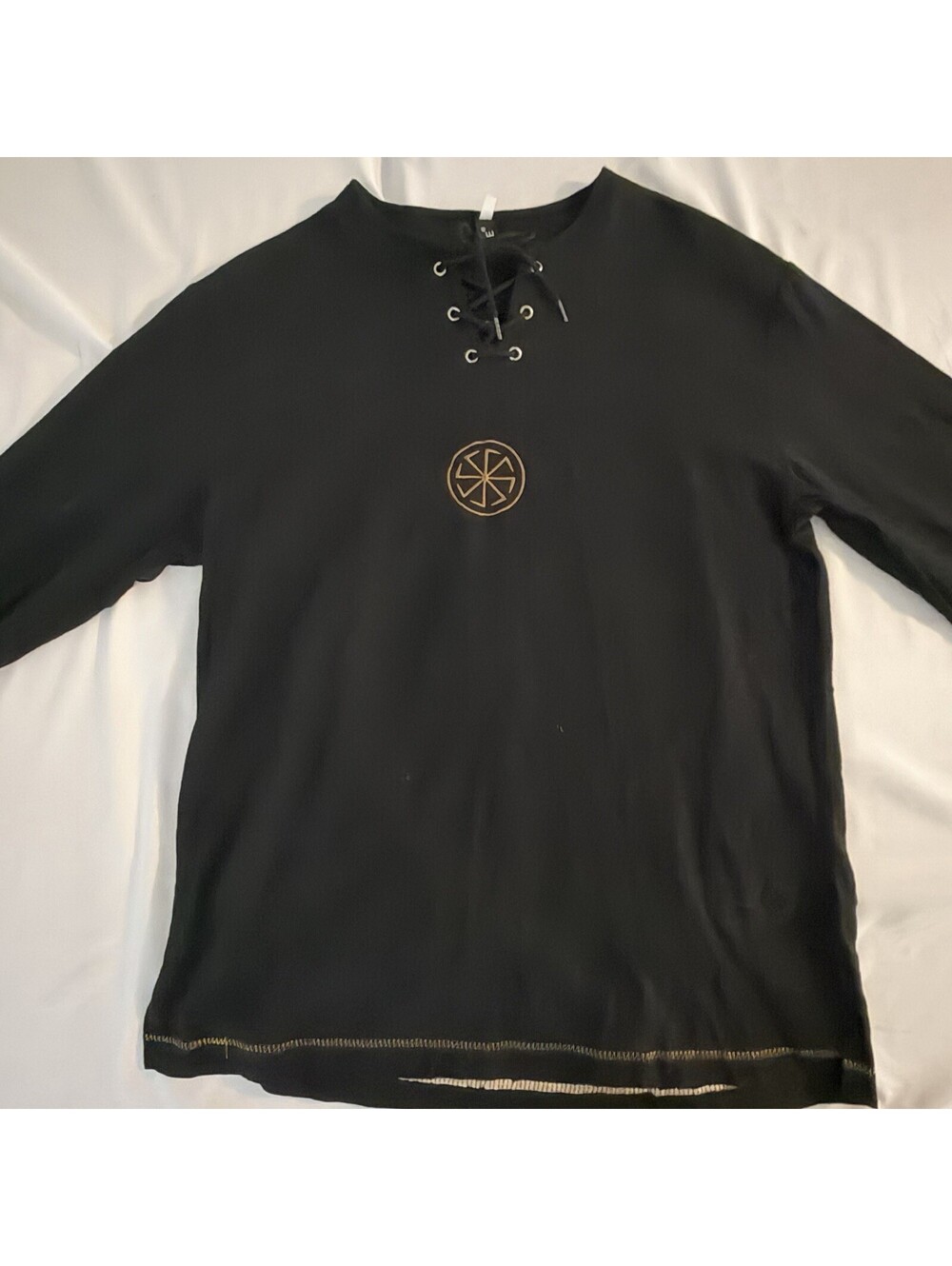 Delie Black Medieval Lace-Up Long Sleeve Shirt with Embroidered Symbol NWT